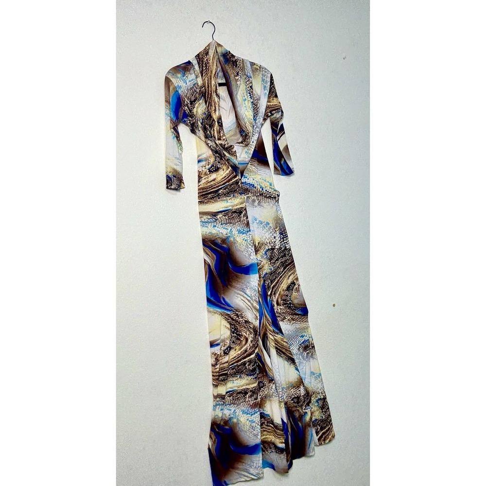 Sexy Diva Women's 1XL Maxi Dress Blue Brown Animal Abstract Print Cowl Neck.